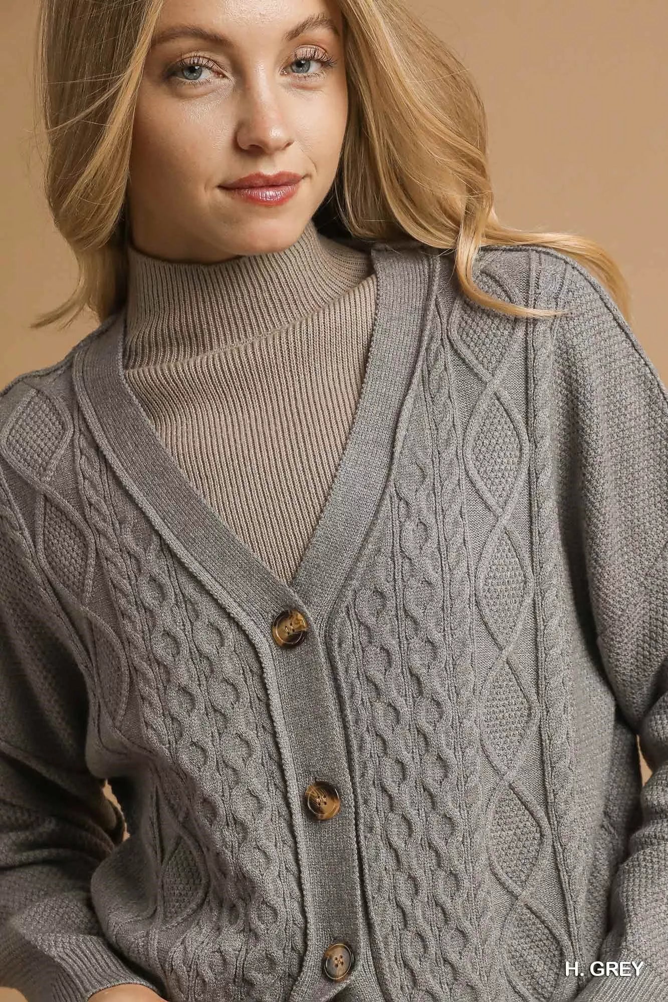 Grey Chunky Cable Knit V-Neck Button-Up Cardigan - Tigbul's Variety Fashion Shop