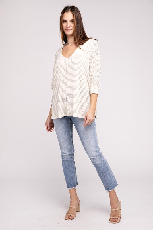 3/4 Sleeve V-Neck Hi-Low Hem Jacquard Sweater - Tigbul's Variety Fashion Shop