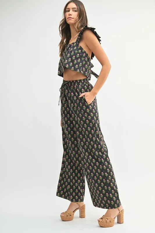 Black Floral Print Ruffle Top and Pants Set - Tigbul's Variety Fashion Shop