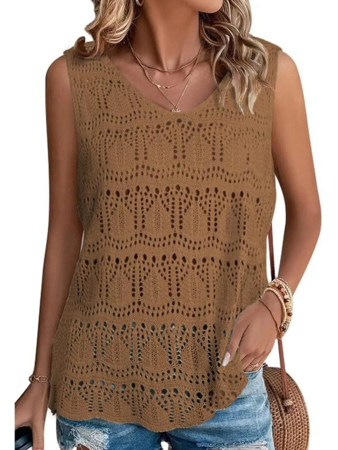 Crochet Sleeveless Sweater Vest - Tigbul's Variety Fashion Shop