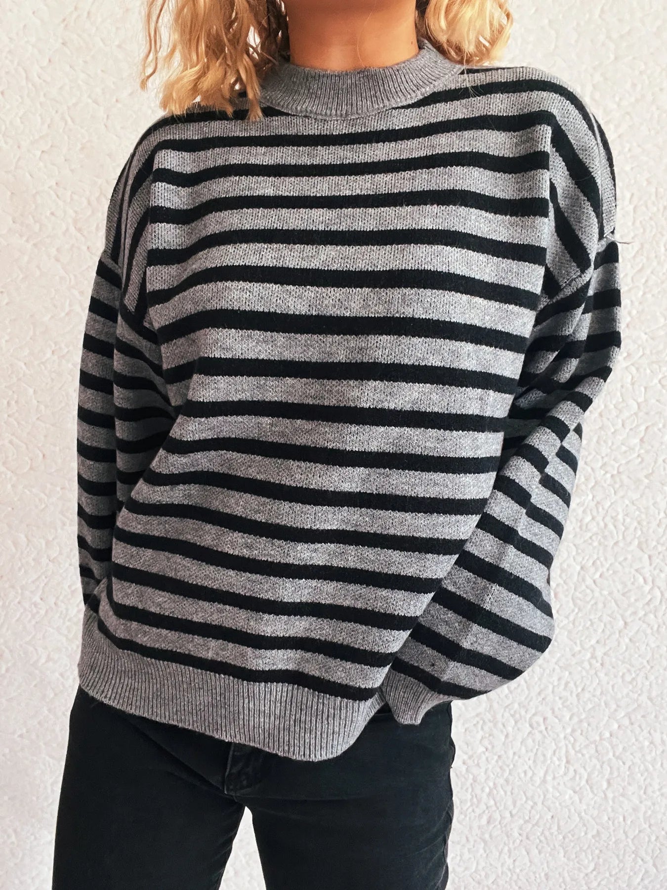 Striped Mock Neck Long Sleeve Sweater - Tigbul's Variety Fashion Shop