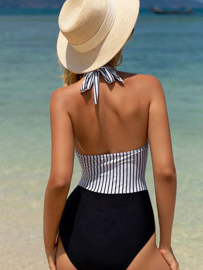 Striped Halter Neck One-Piece Swimwear - Tigbuls Variety Fashion