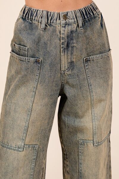 Denim Washed Wide Leg Jeans with Pockets - Tigbul's Variety Fashion Shop