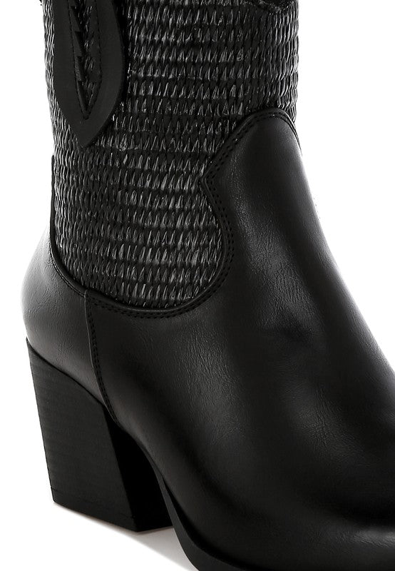 Big Mood Raffia & Faux Leather Cowboy Boots - Tigbul's Variety Fashion Shop