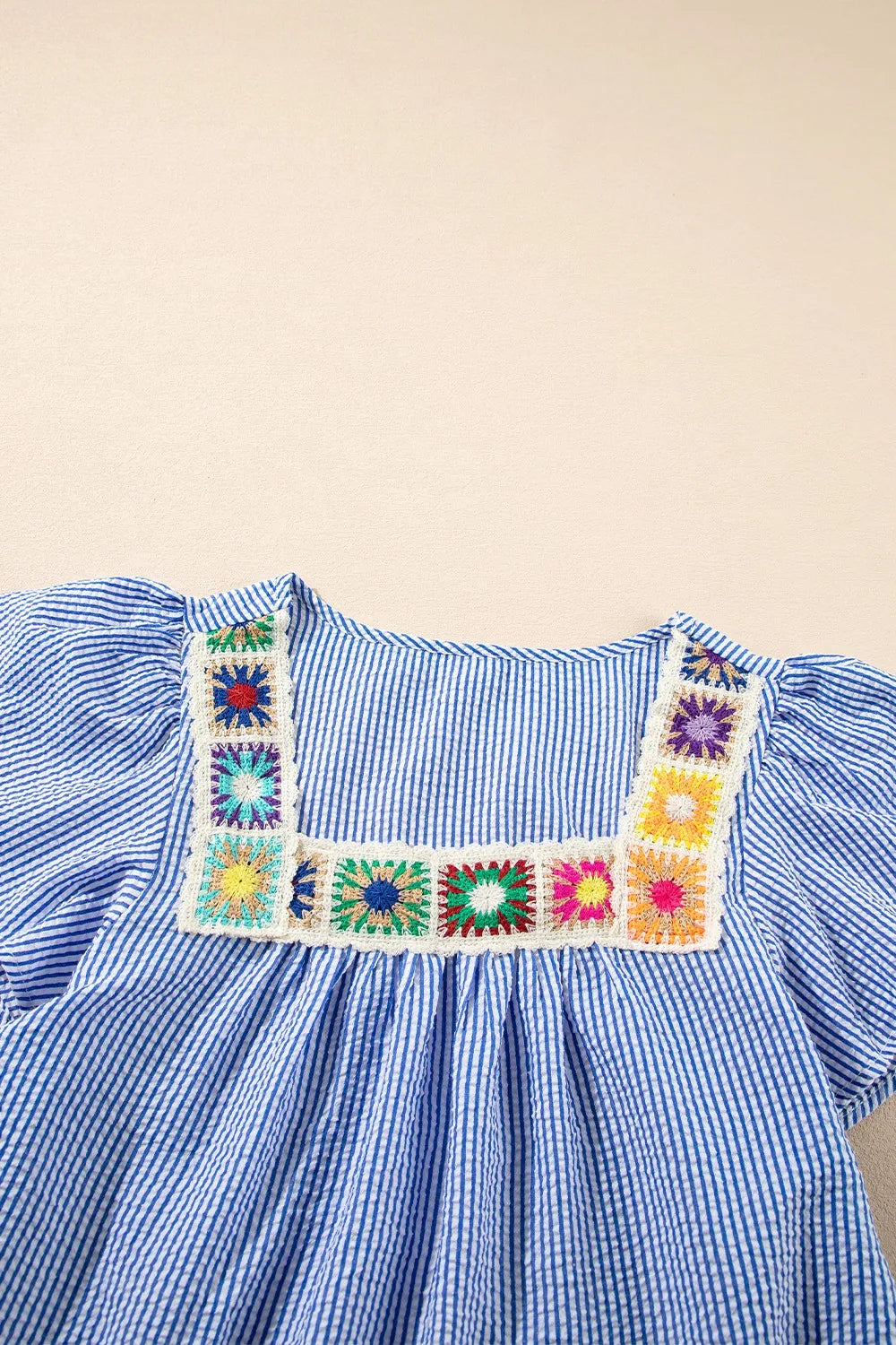Stripe Textured Ruffle Short Sleeve Boho Detail Square Neck Blouse - Tigbul's Variety Fashion Shop