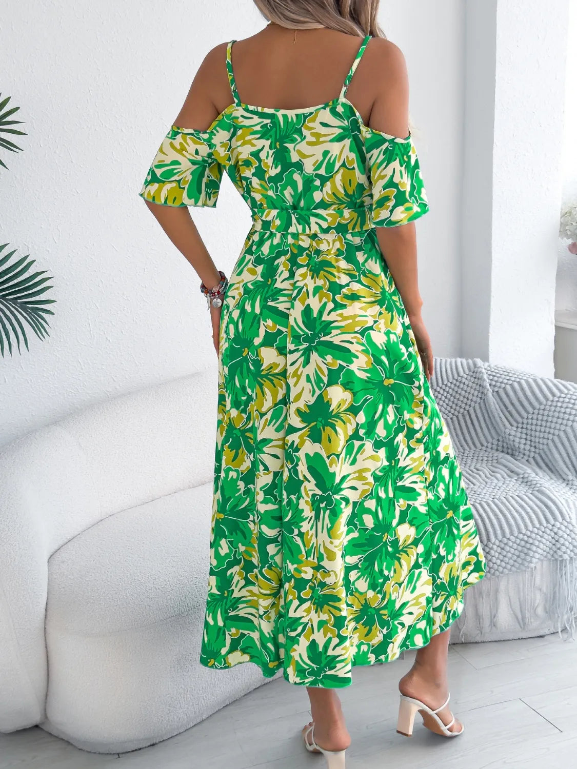 Printed Cold Shoulder Midi Cami Dress - Tigbul's Variety Fashion Shop