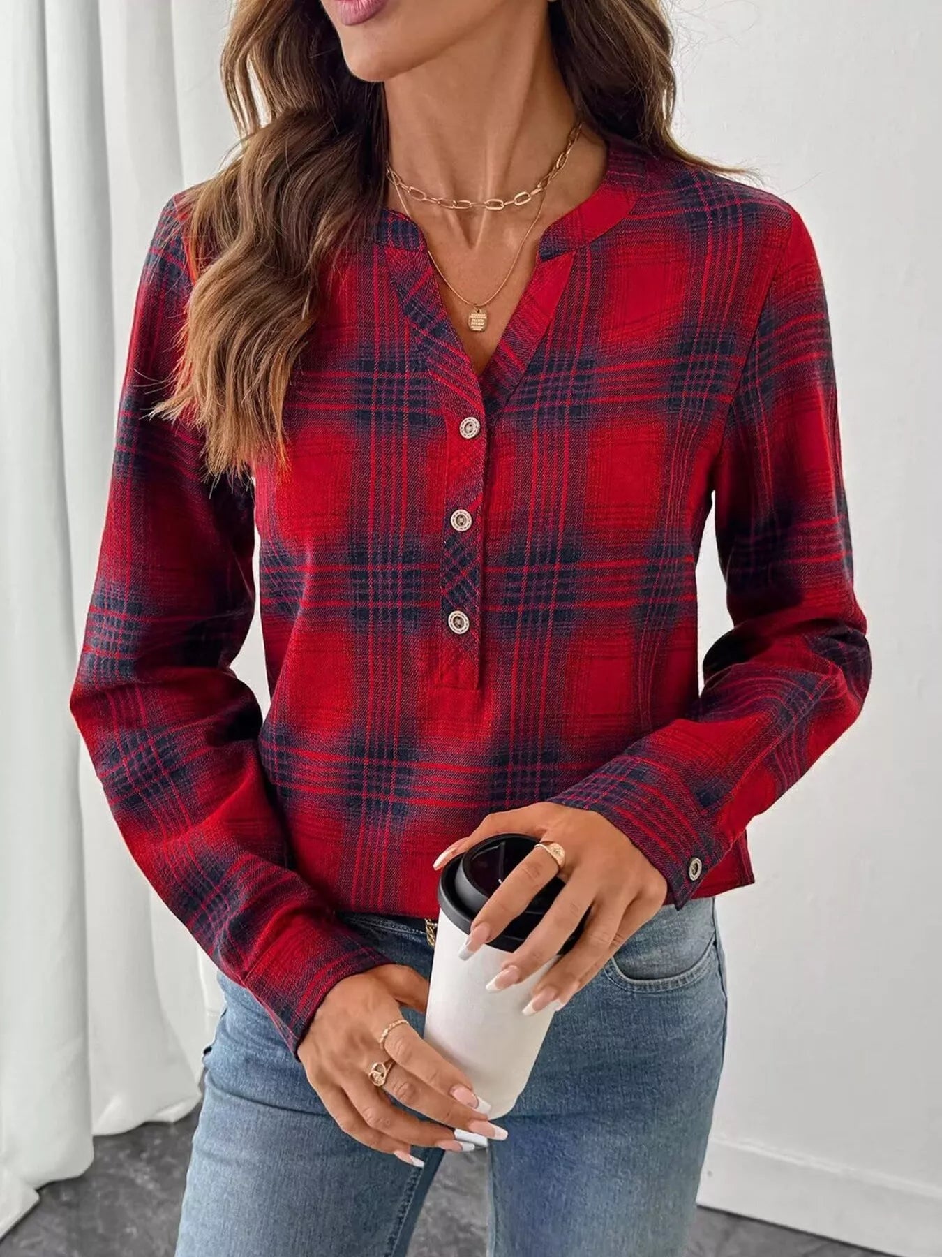 Plaid Half Button Long Sleeve Blouse - Tigbul's Variety Fashion Shop