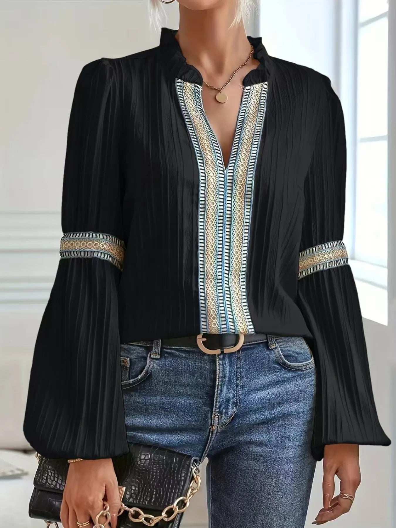 Notched Textured Balloon Sleeve Blouse - Tigbul's Variety Fashion Shop