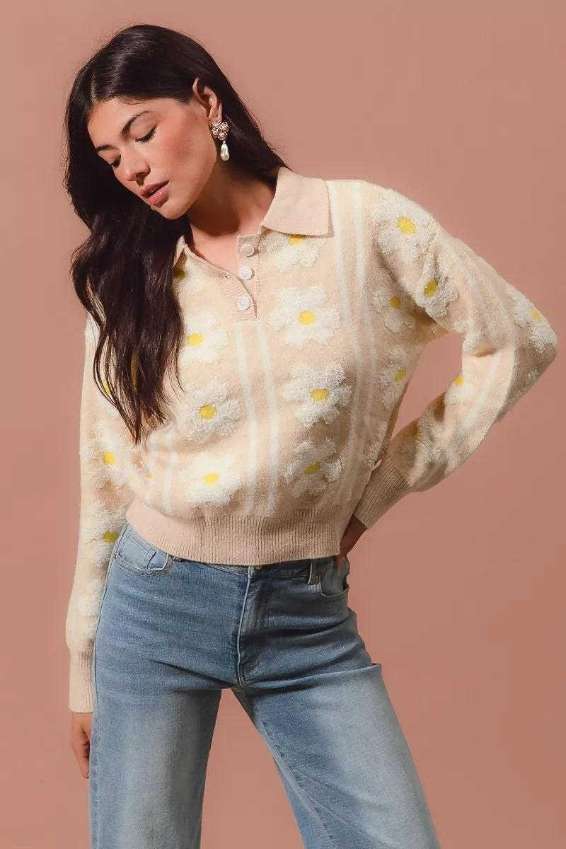 Floral Stripe Polo Collar Sweater - Tigbul's Variety Fashion Shop