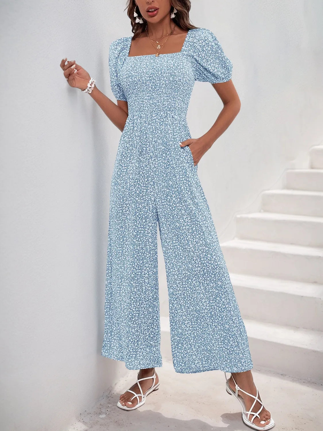 Printed Square Neck Puff Sleeve Jumpsuit - Tigbul's Variety Fashion Shop