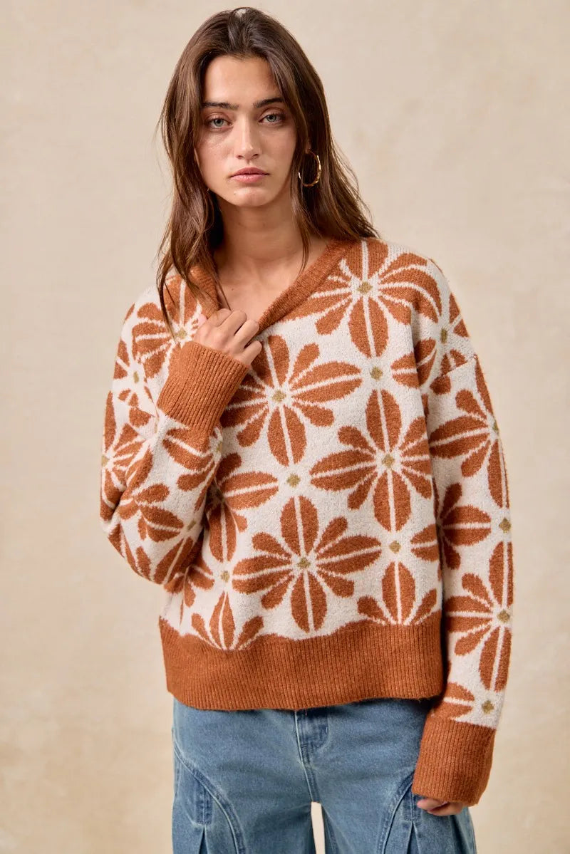 BiBi Flower Pattern Long Sleeve Sweater - Tigbul's Variety Fashion Shop