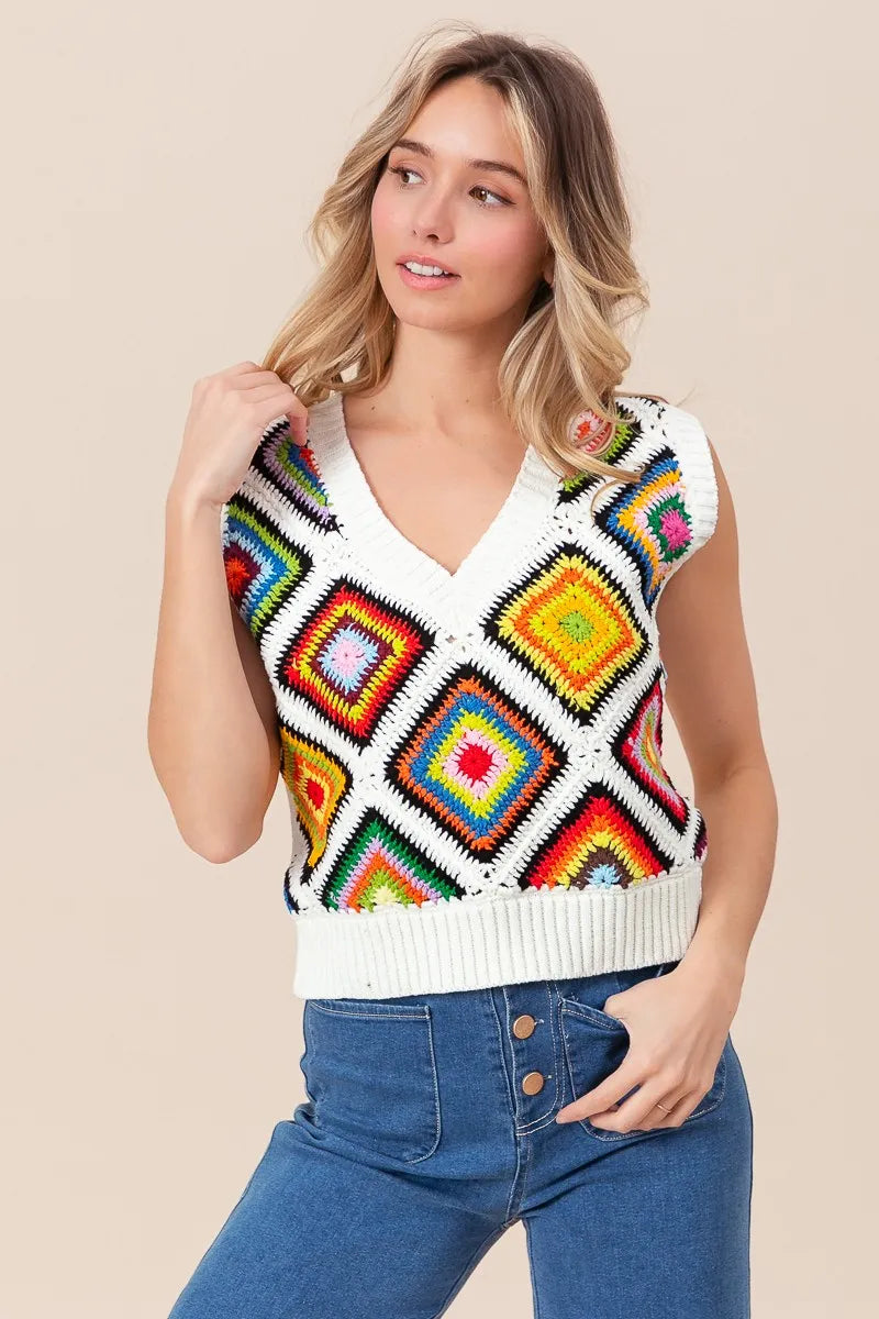 BiBi Diamond Granny Square Sweater Vest - Tigbul's Variety Fashion Shop