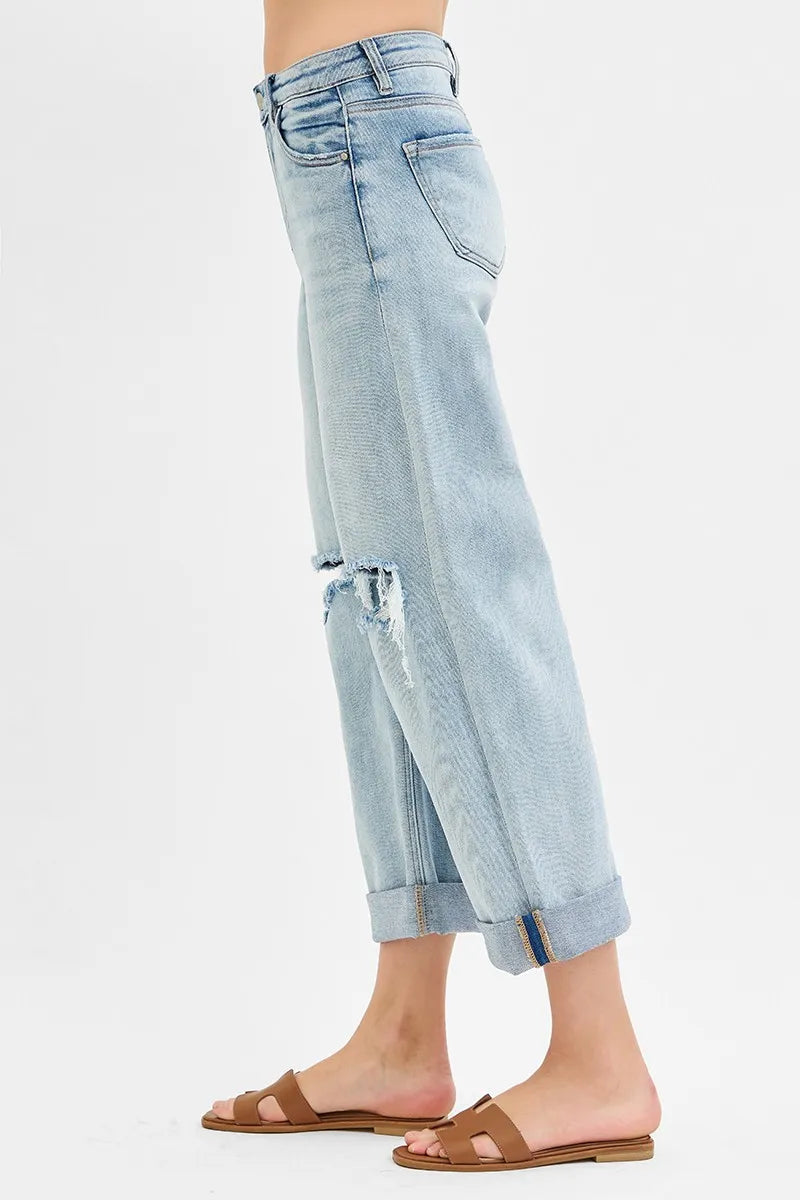 RISEN Full Size Mid Rise Fit Boyfriend Jeans with Cuff Plus Size - Tigbul's Variety Fashion Shop