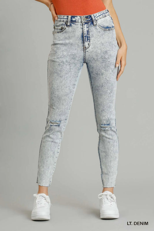 Umgee 5-Pockets Distressed Detail Stretch Denim Skinny Jeans with Unfinished Hem - Tigbul's Variety Fashion Shop