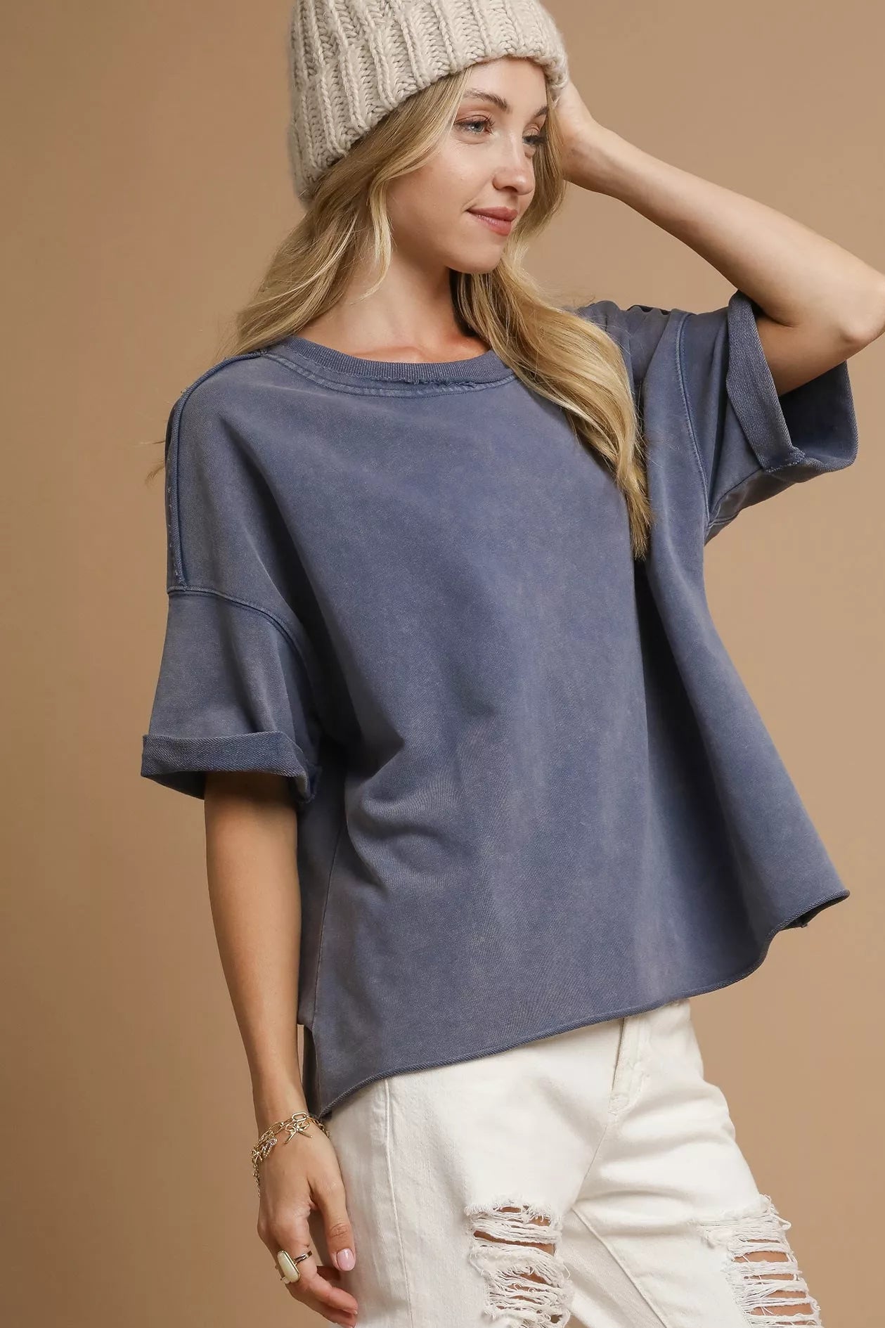 Denim Blue Mineral Wash Round Neck Top - Tigbul's Variety Fashion Shop