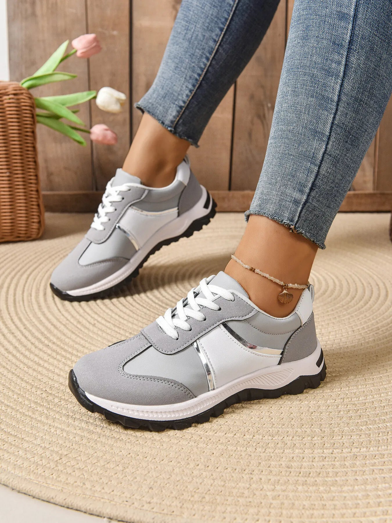 Contrast Lace Up Sneakers - Tigbul's Variety Fashion Shop