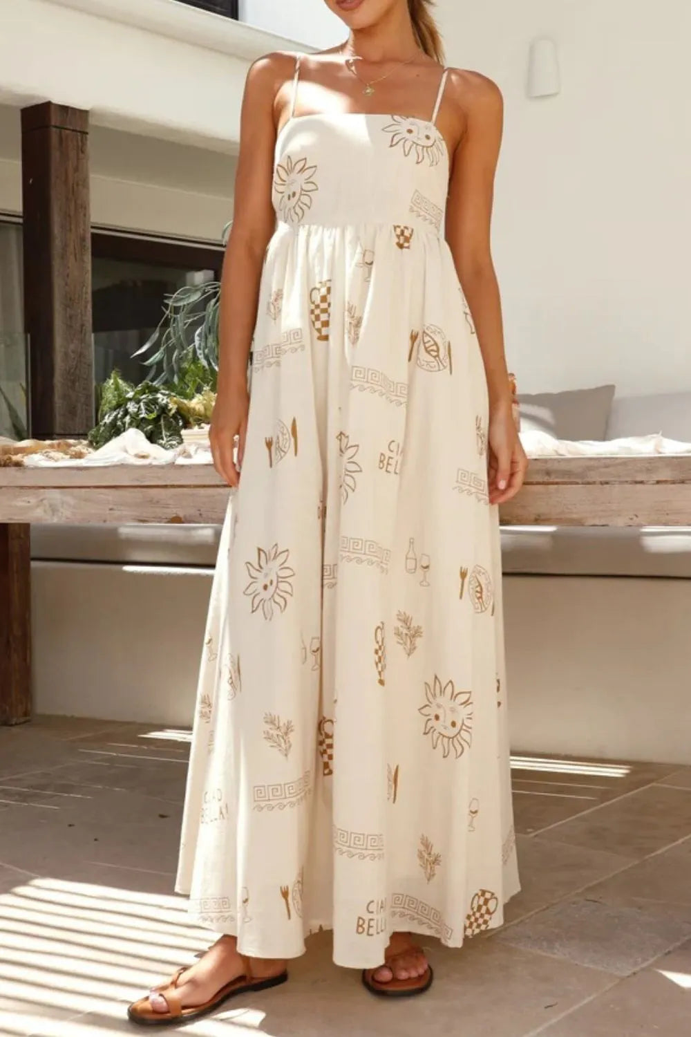 Cutout Back Printed Square Neck Maxi Cami Dress - Tigbul's Variety Fashion Shop