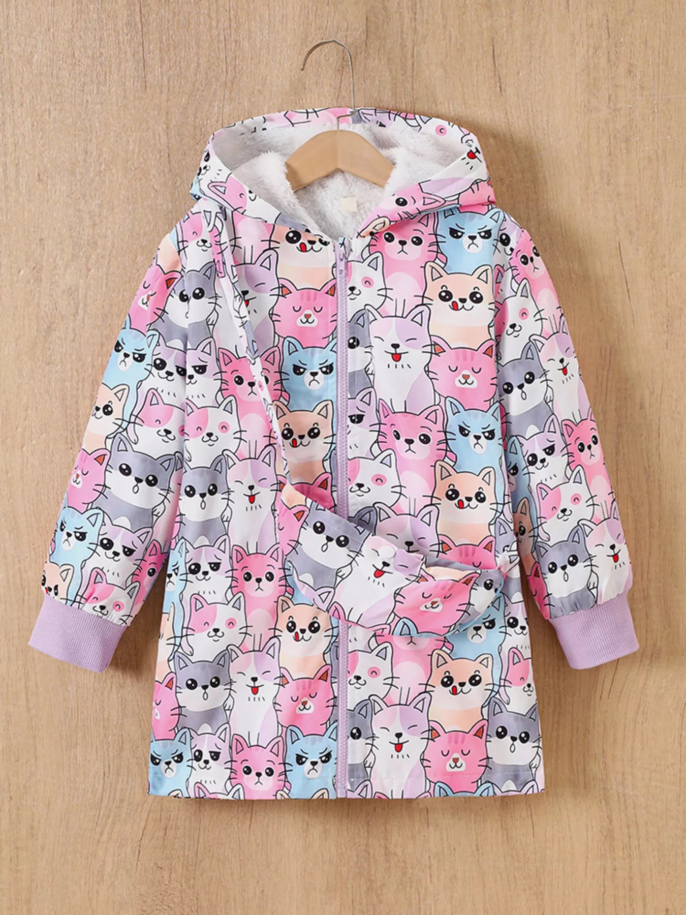 Children's Cartoon Cat Print Fleece Lined Hooded Jacket with Bag - Tigbuls