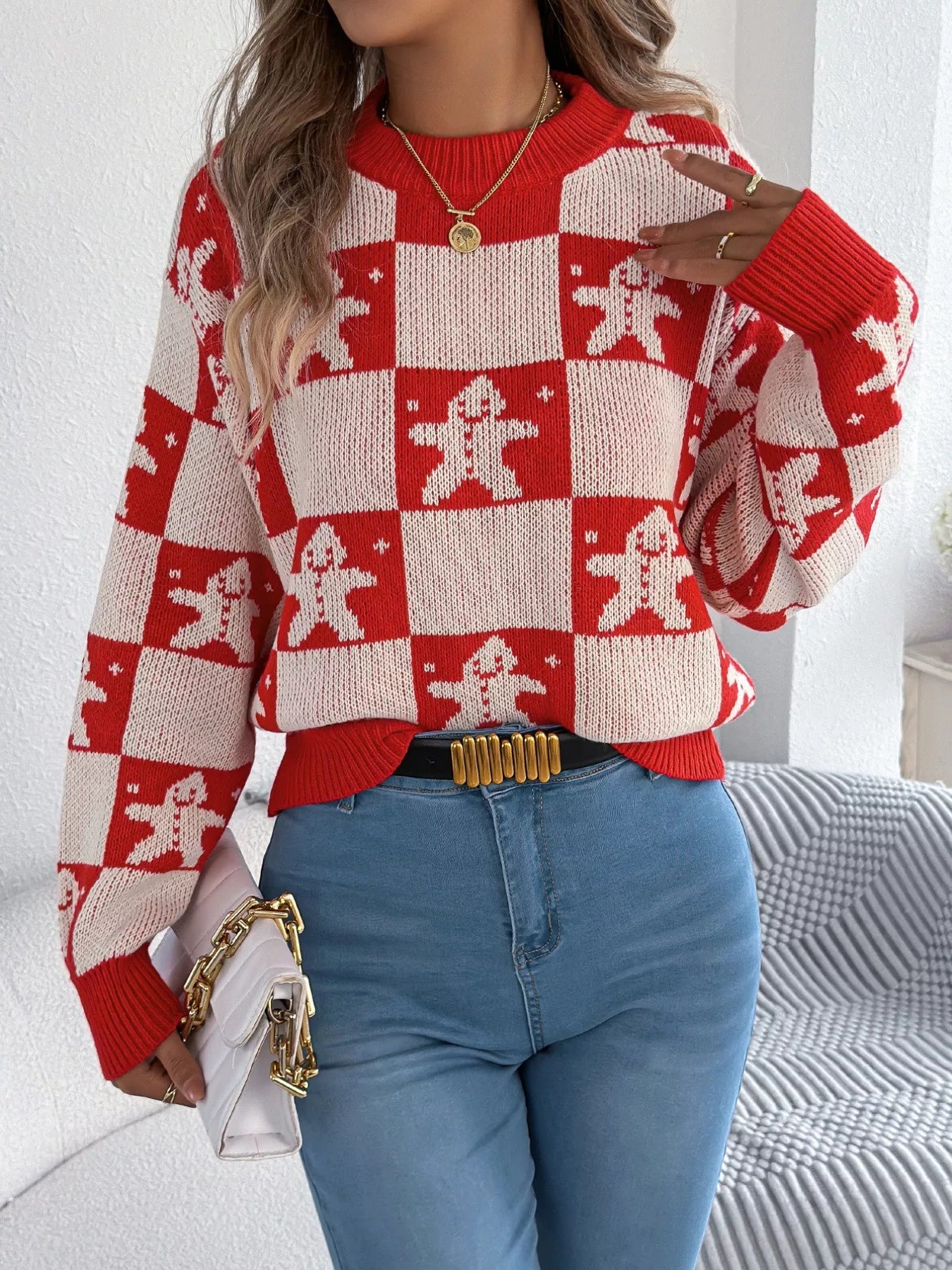Christmas Checkerboard Gingerbread Round Neck Sweater - Tigbul's Variety Fashion Shop