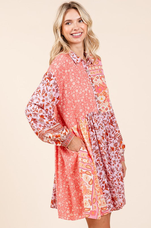 Pink Floral Button Detail Long Sleeve Shirt Dress - Tigbul's Variety Fashion Shop