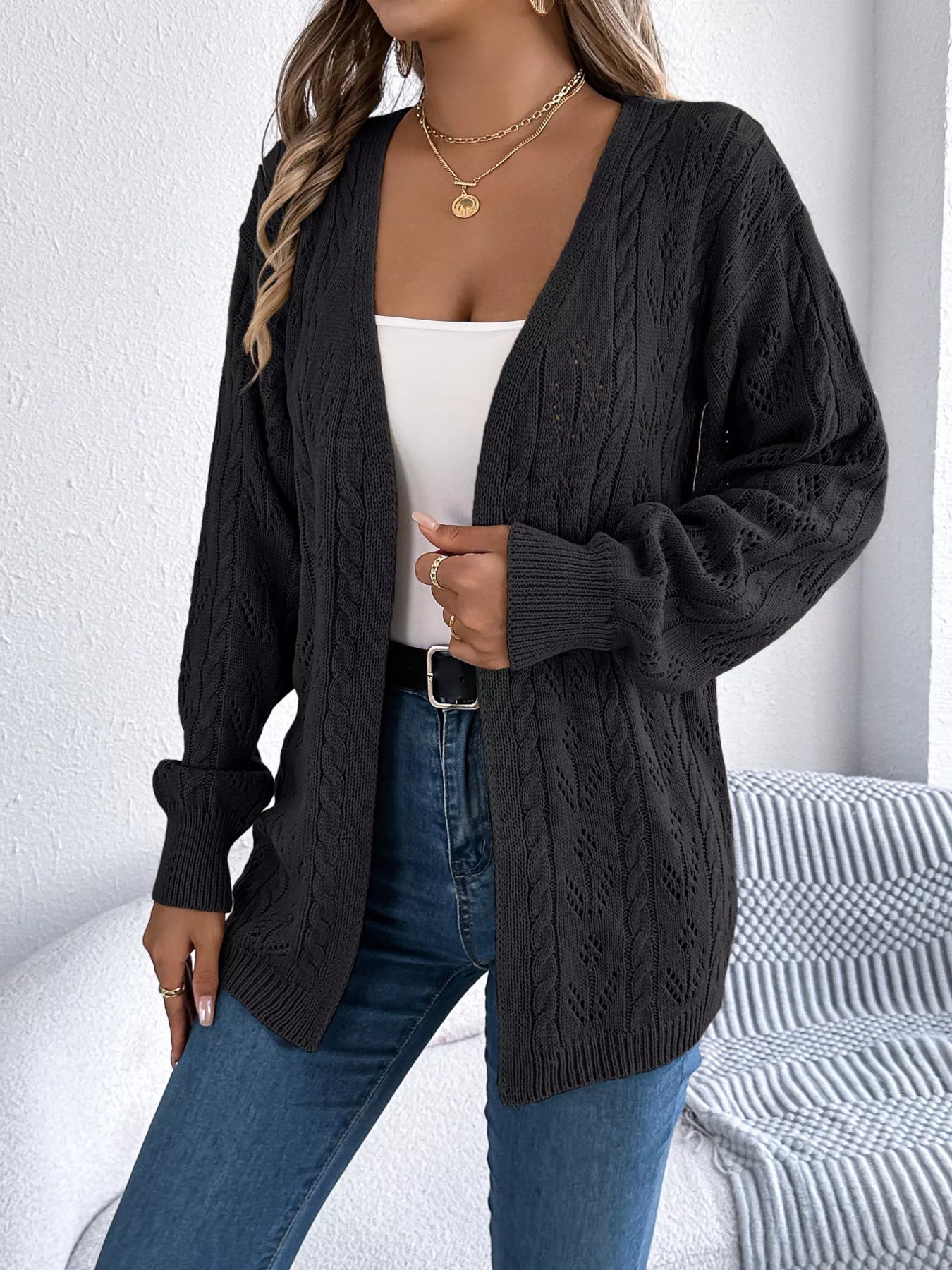 Openwork Open Front Long Sleeve Cardigan - Tigbul's Variety Fashion Shop