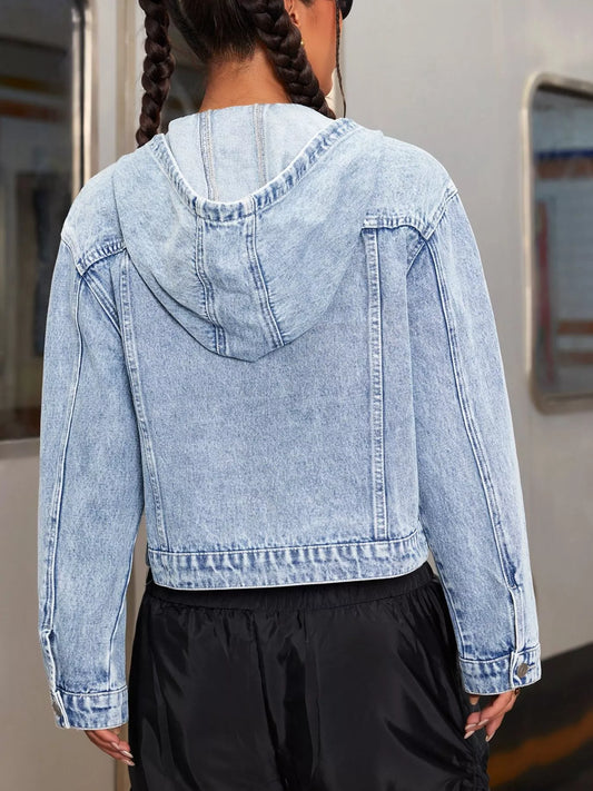 Hooded Drawstring Cropped Denim Jacket - Tigbul's Variety Fashion Shop