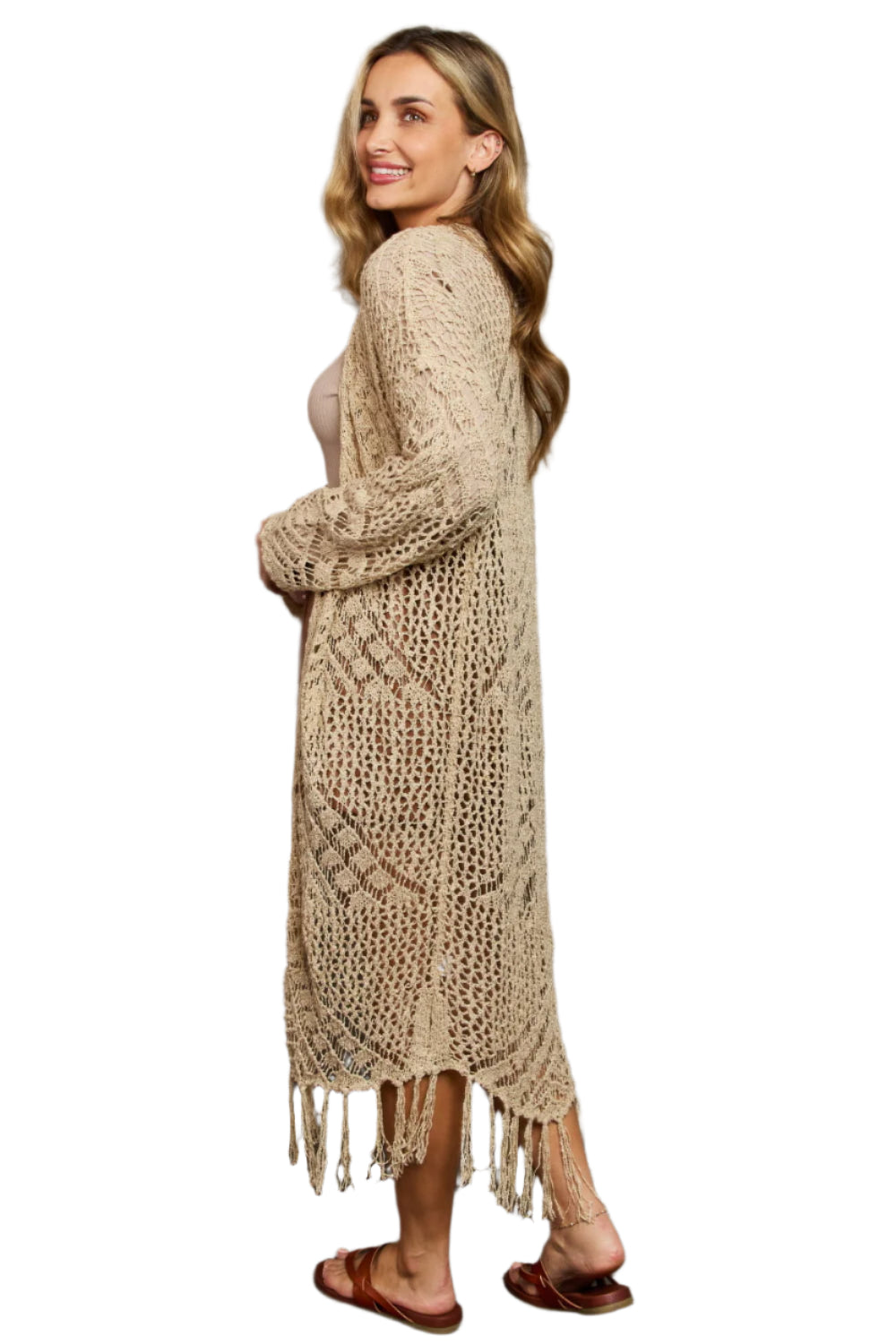 Beige Boho Plus Size 1XL Western Knit Fringe Cardigan - Tigbul's Variety Fashion Shop