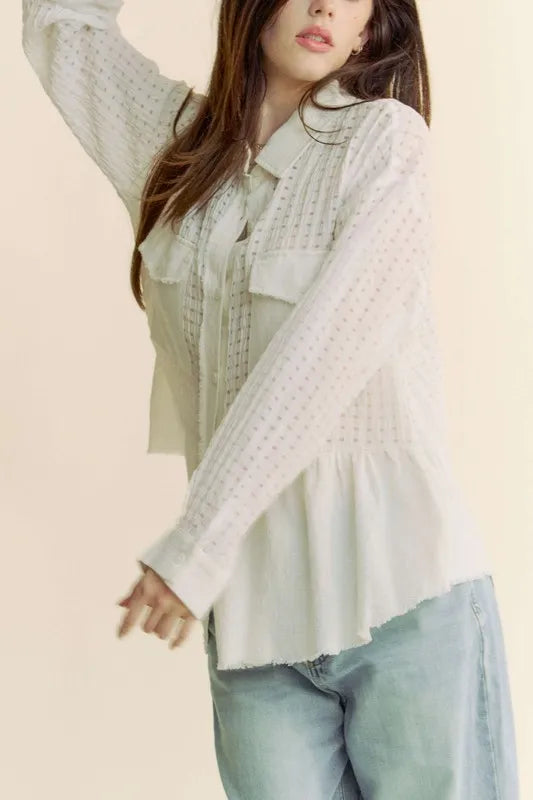 White Garment Washed Jacquard Button Front Shirt - Tigbul's Variety Fashion Shop