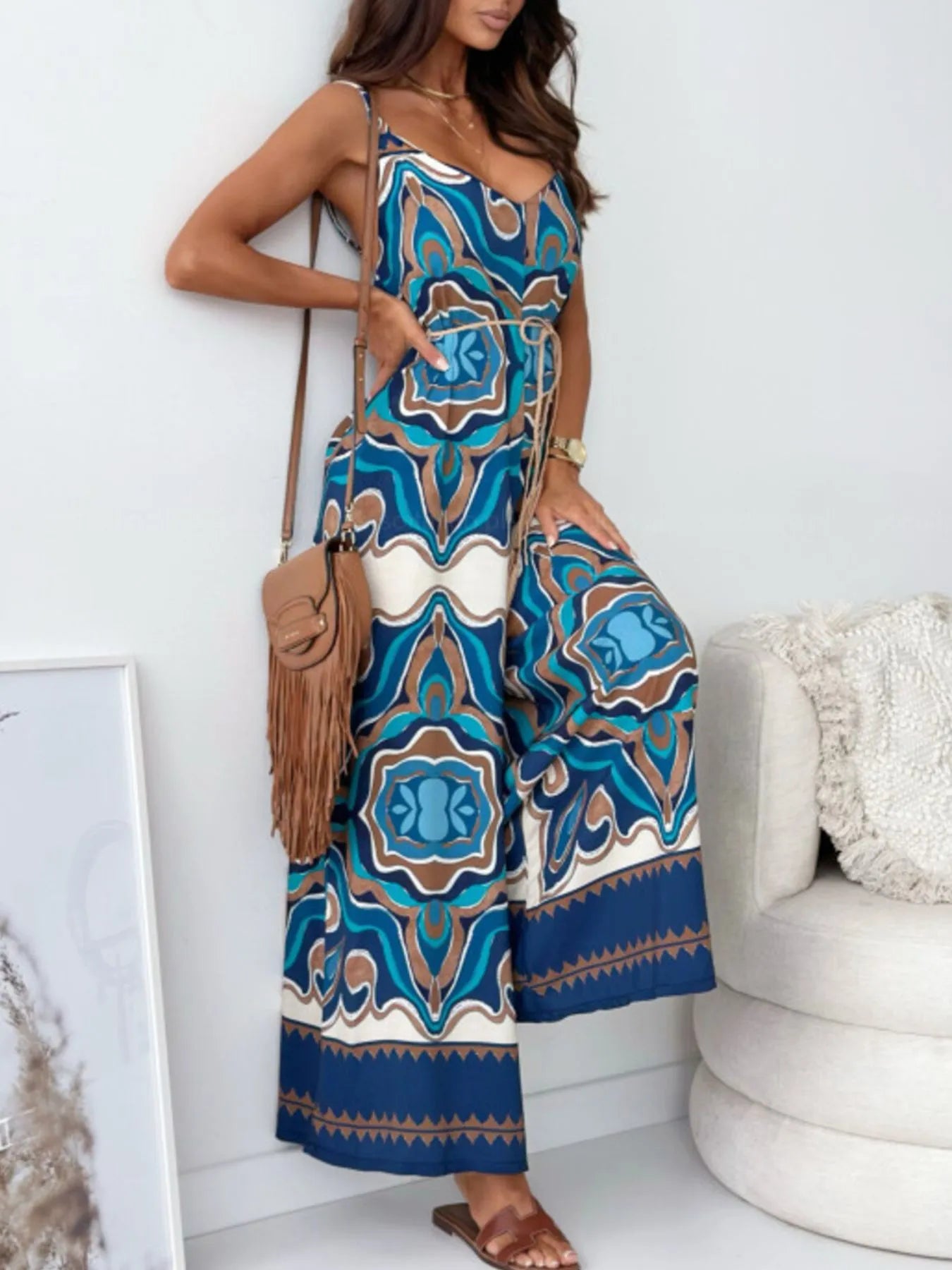 Paisley Print Spaghetti Strap Wide Leg Jumpsuit - Tigbul's Variety Fashion Shop