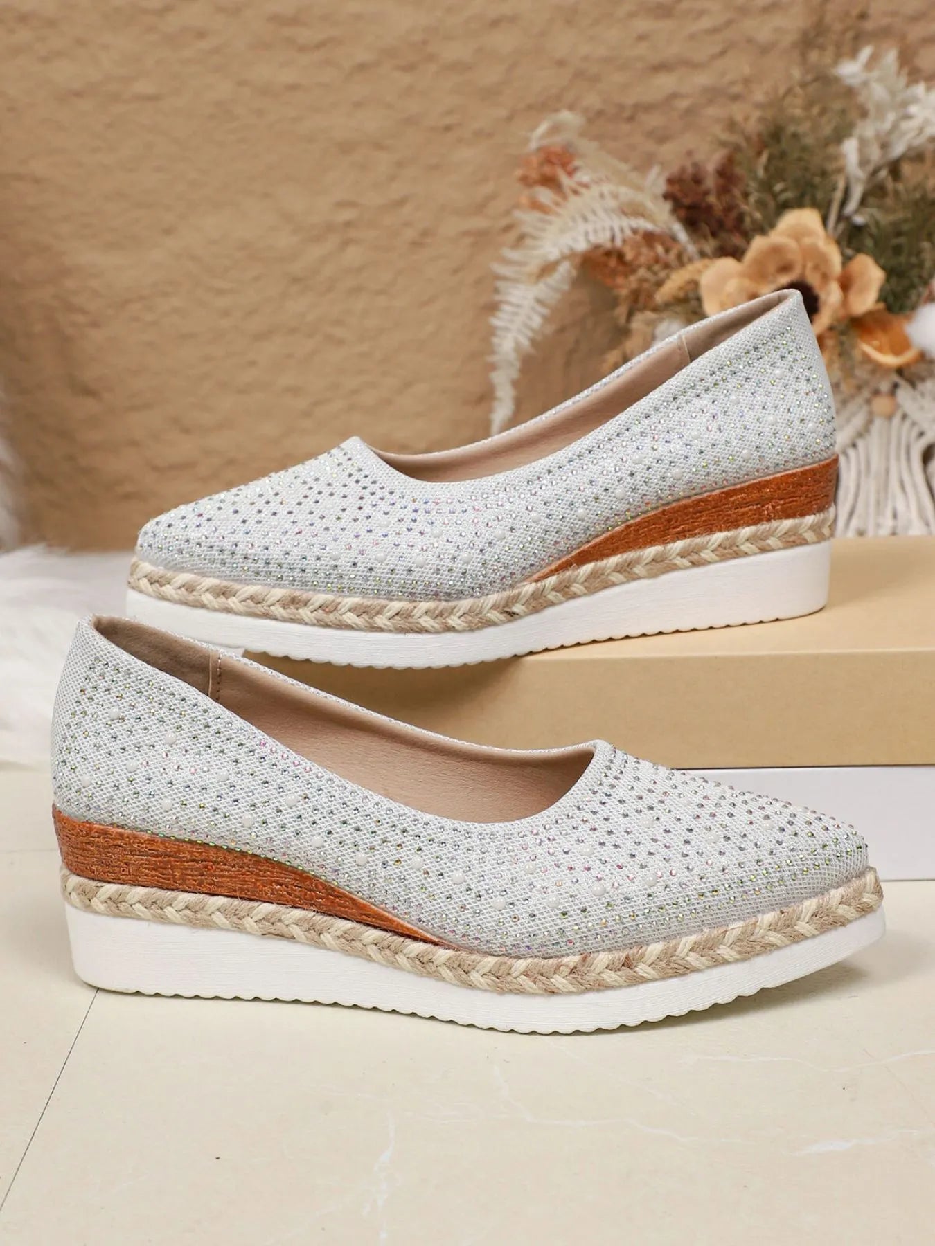 Rhinestone Point Toe Wedge Slip-Ons - Tigbul's Variety Fashion Shop