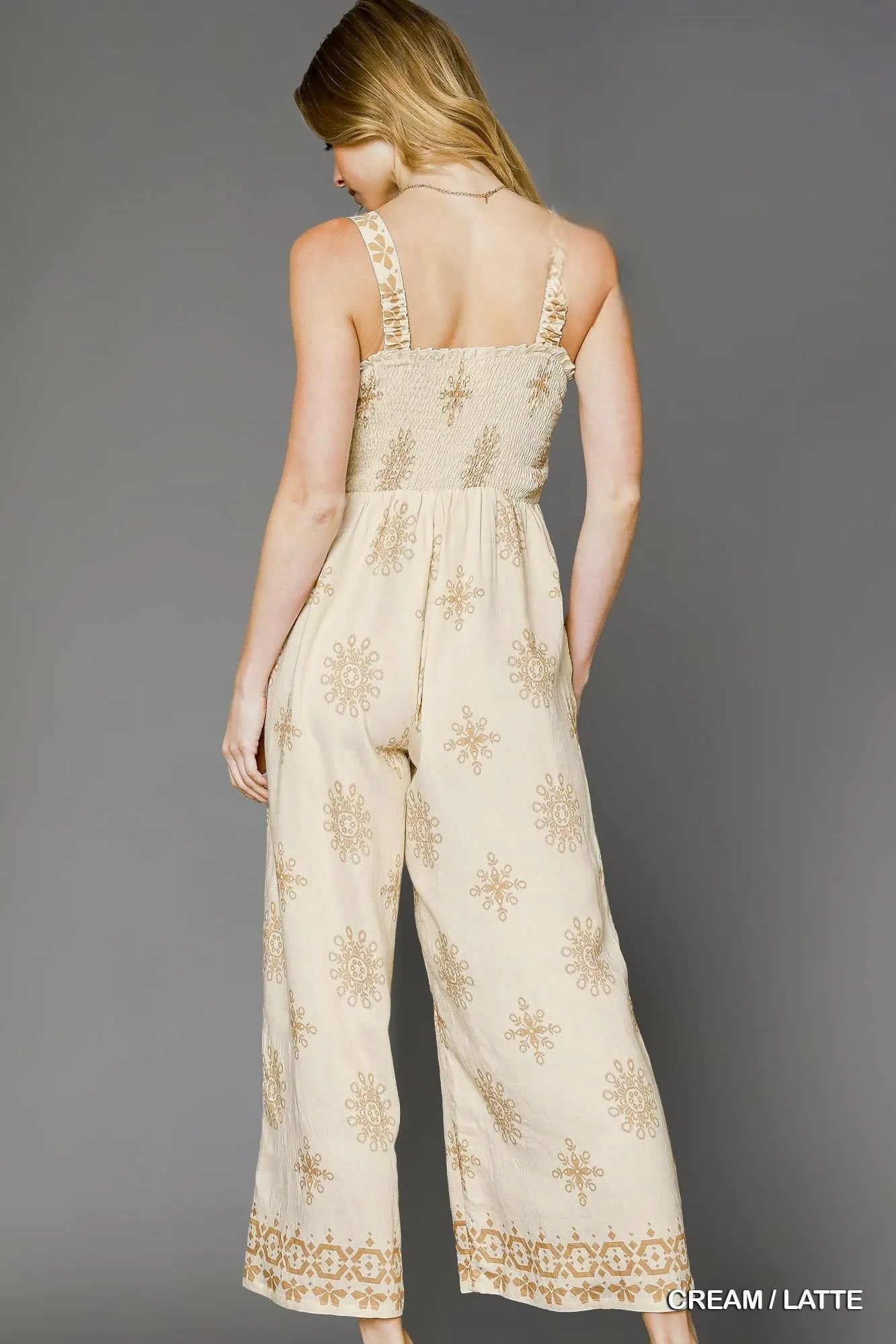 Umgee Smocked Printed Wide Leg Jumpsuit - Tigbul's Variety Fashion Shop