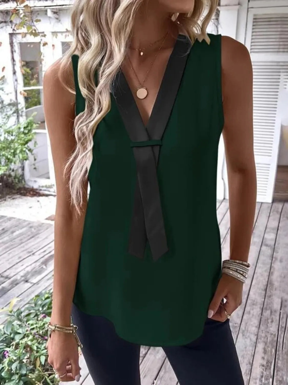 V-Neck Contrast Tank Shirt - Tigbul's Variety Fashion Shop
