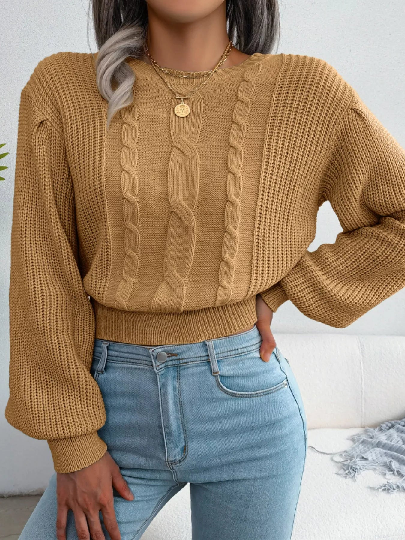 Cable Knit Round Neck Cropped Sweater - Tigbul's Variety Fashion Shop