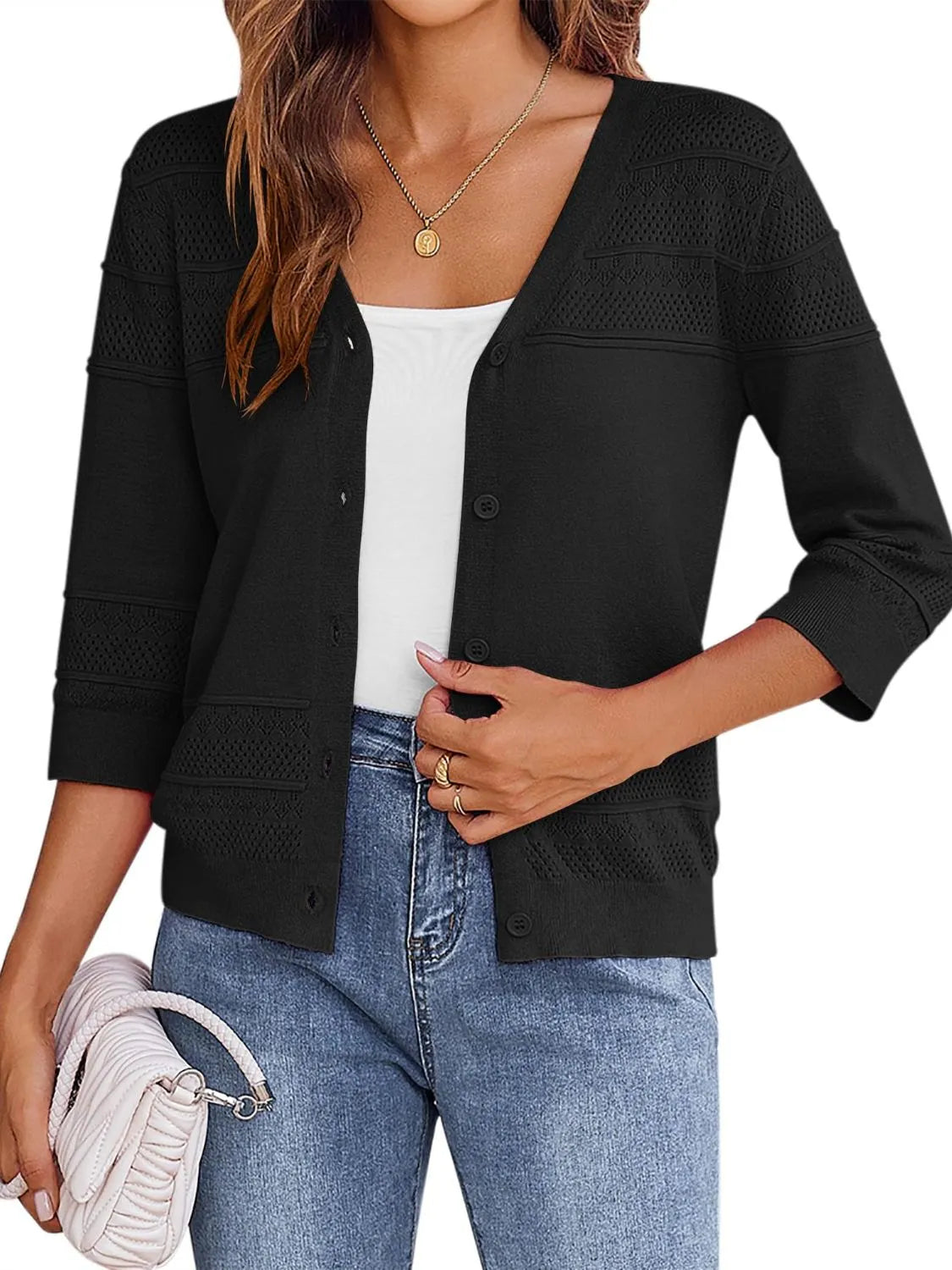 Button Up 3/4 Sleeve Cardigan - Tigbul's Variety Fashion Shop