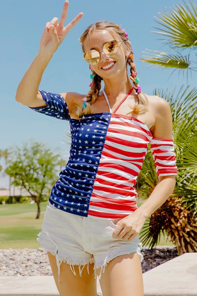 American Flag Off Shoulder With Front Ruched Top - Tigbul's Variety Fashion Shop