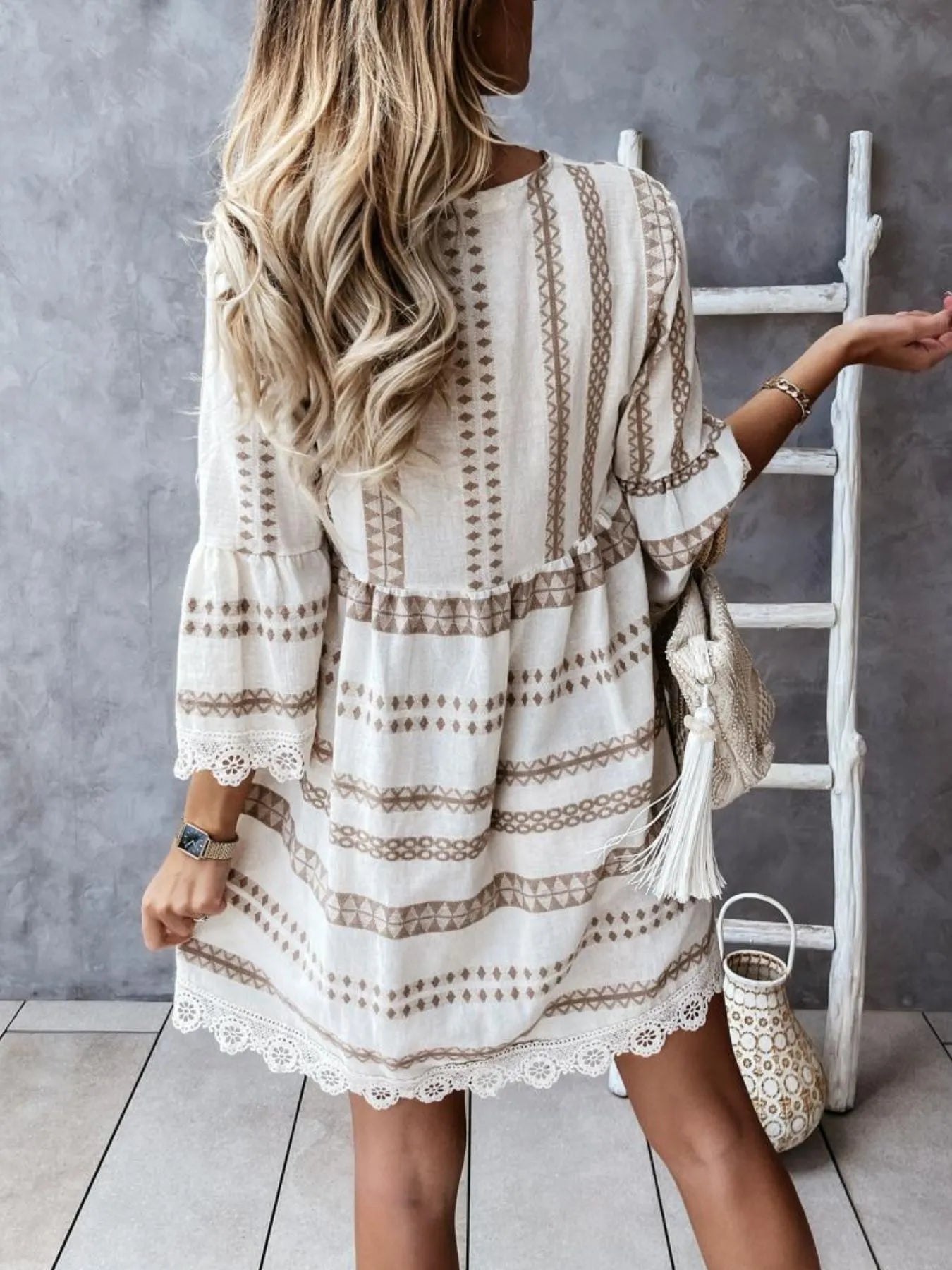 V-Neck Lace Trim Striped Babydoll Dress - Tigbul's Variety Fashion Shop