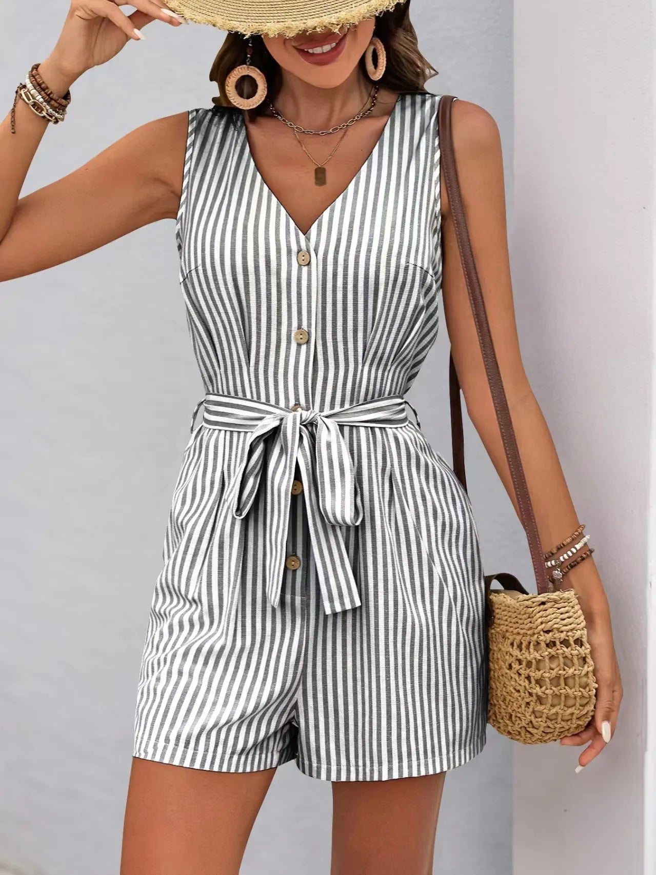 Striped V-neck Button Front Belted Romper - Tigbul's Variety Fashion Shop