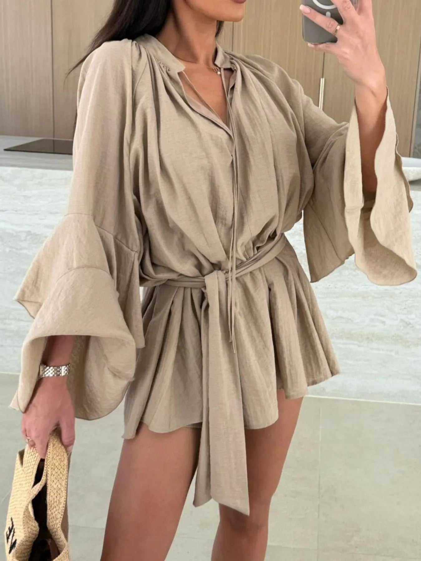 Bell Sleeve Tie Waist Mini Shirt Dress - Tigbul's Variety Fashion Shop