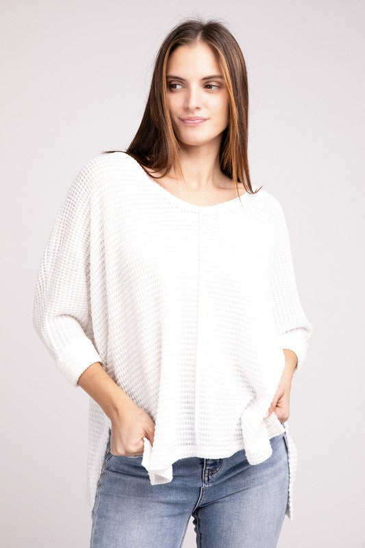 3/4 Sleeve V-Neck Hi-Low Hem Jacquard Sweater - Tigbul's Variety Fashion Shop