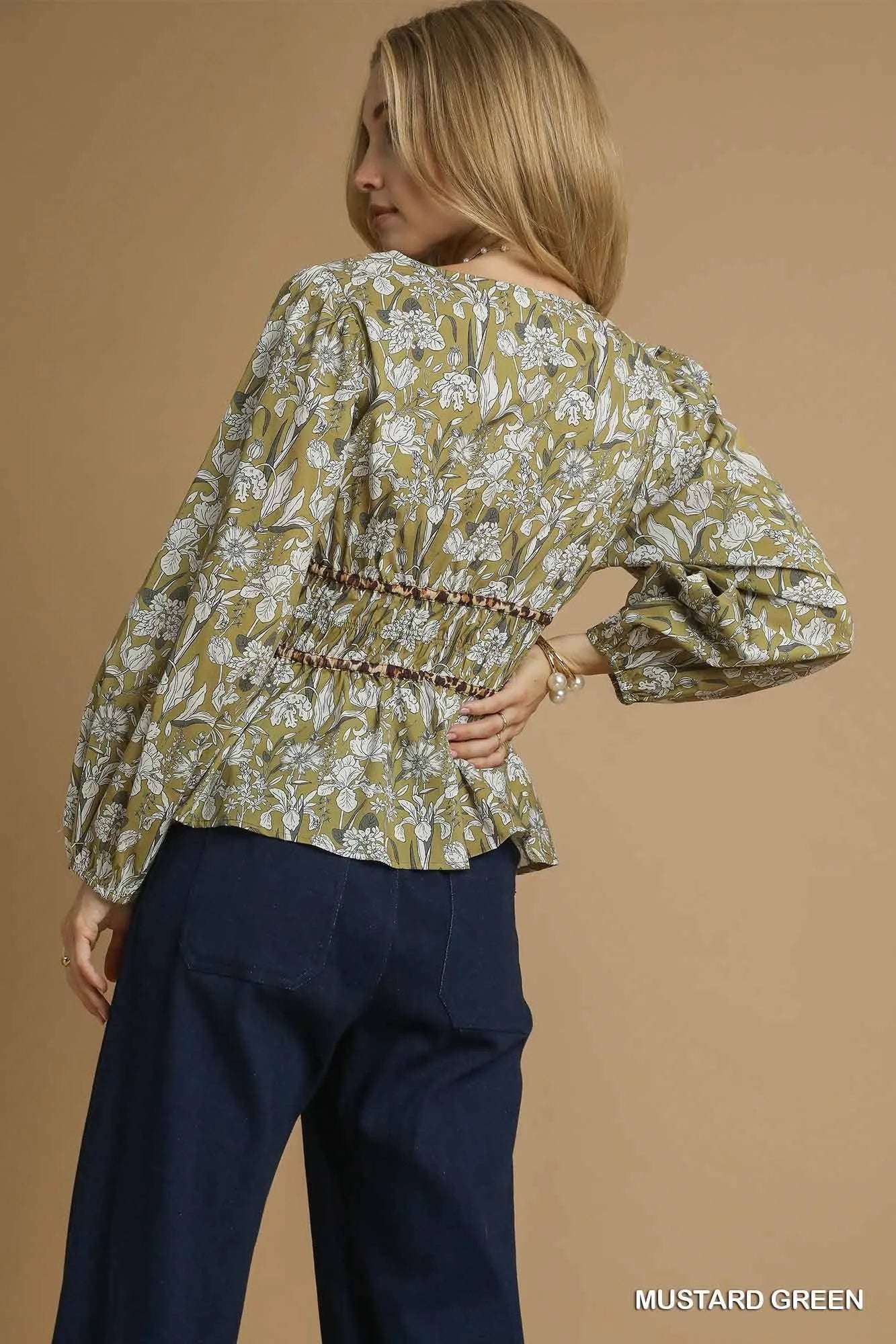 Umgee Floral Smocked Peplum Blouse with Tie Detail - Tigbul's Variety Fashion Shop