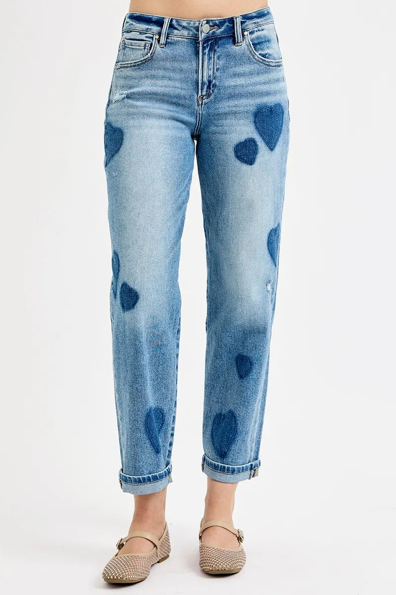 RISEN Full Size Mid Rise Fit-boyfriend Heart Shade Jeans Plus Size - Tigbul's Variety Fashion Shop