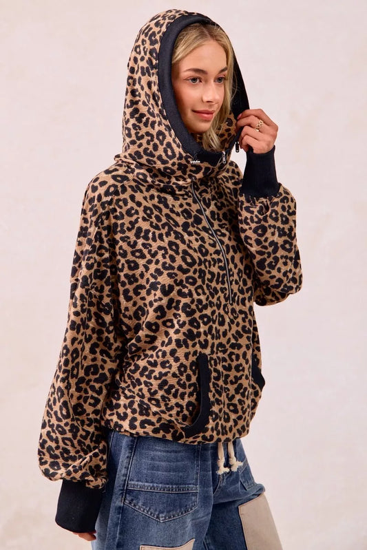 BiBi Leopard Print Waffle Half Zip Up Hoodie W Pocket - Tigbul's Variety Fashion Shop