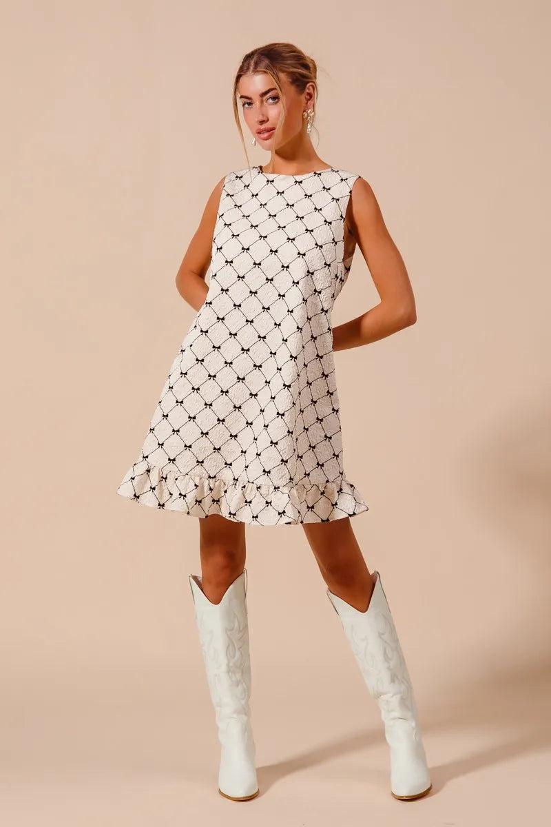 SO ME Texture Bow Printed Mini Ruffle Dress - Tigbul's Variety Fashion Shop