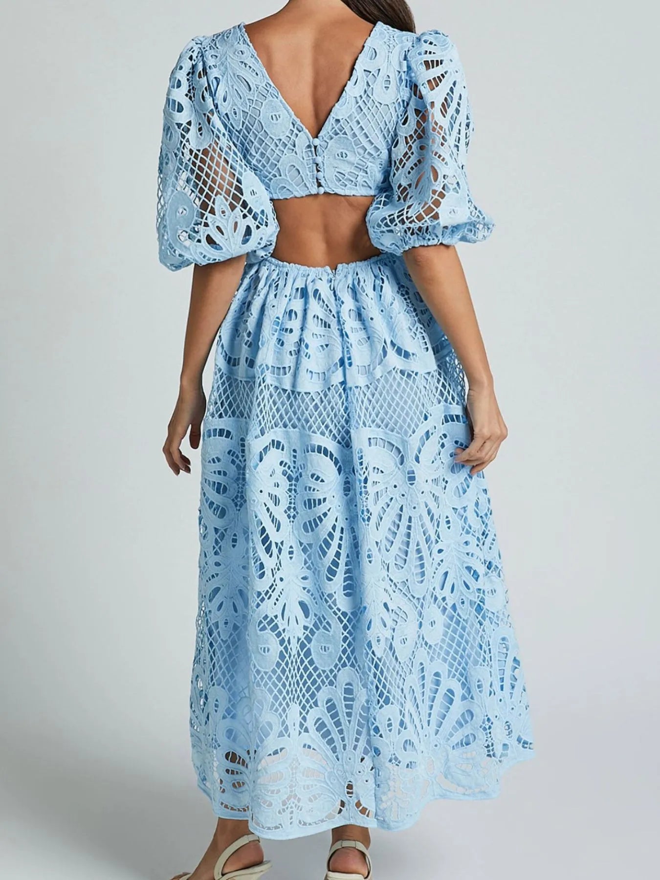Cutout Back Lace Crochet V-Neck Dress - Tigbul's Variety Fashion Shop