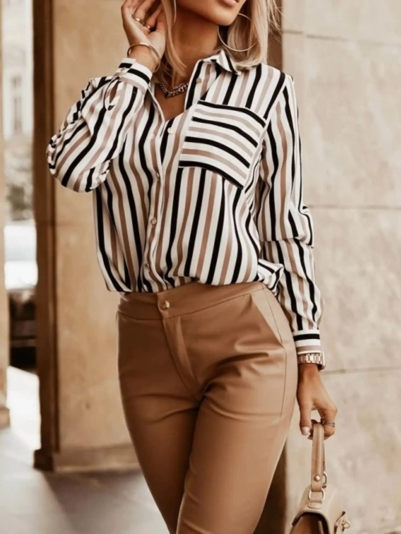 Striped Button-Down Long Sleeve Shirt - Tigbul's Variety Fashion Shop