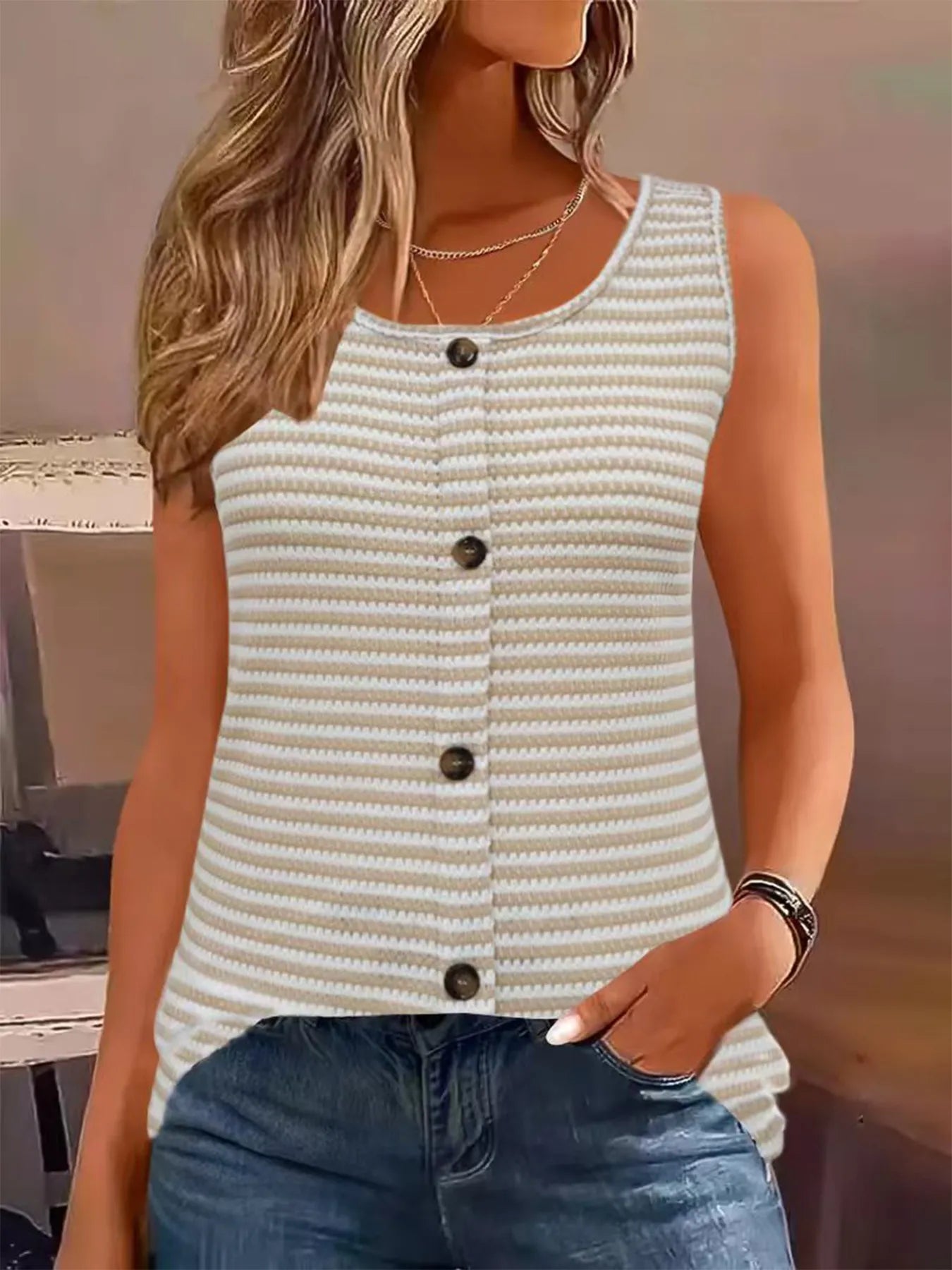 Striped Button Front Knit Tank Top - Tigbul's Variety Fashion Shop