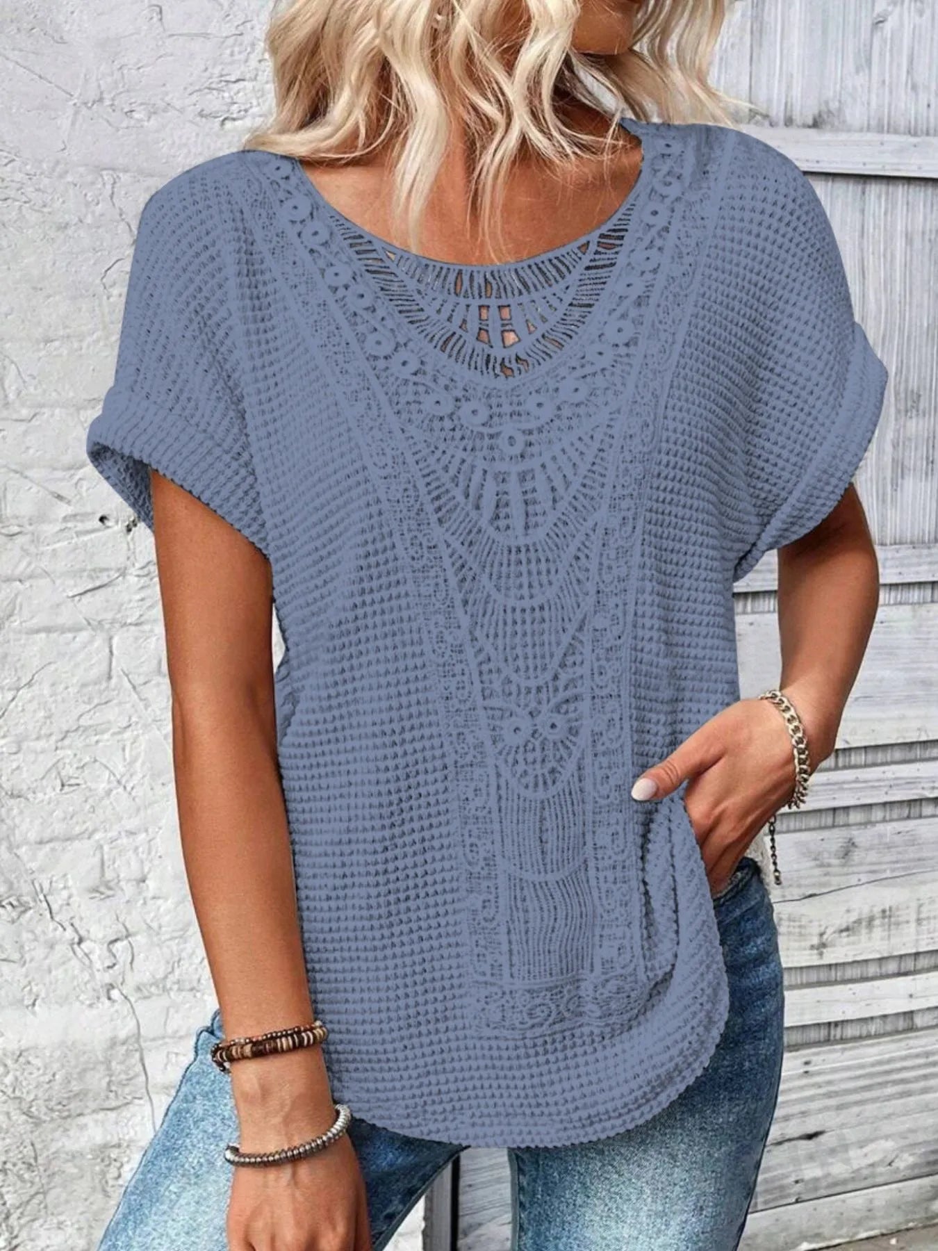 Crochet Lace Short Sleeve Casual T-Shirt - Tigbul's Variety Fashion Shop