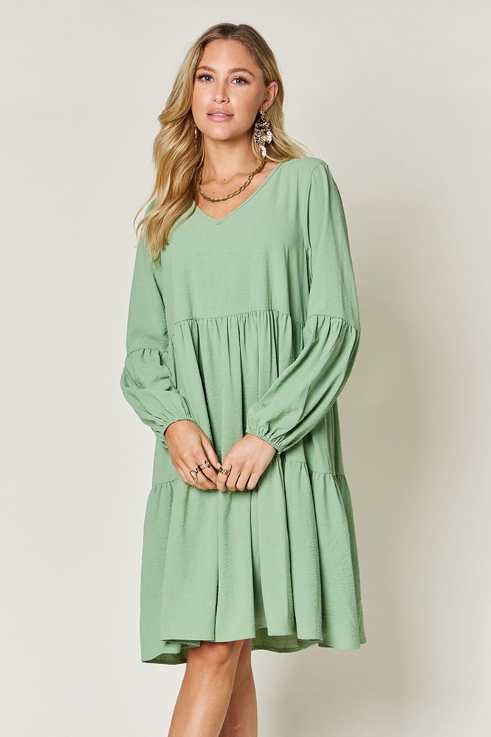 V-Neck Balloon Sleeve Tiered Dress with Pockets - Tigbul's Variety Fashion Shop