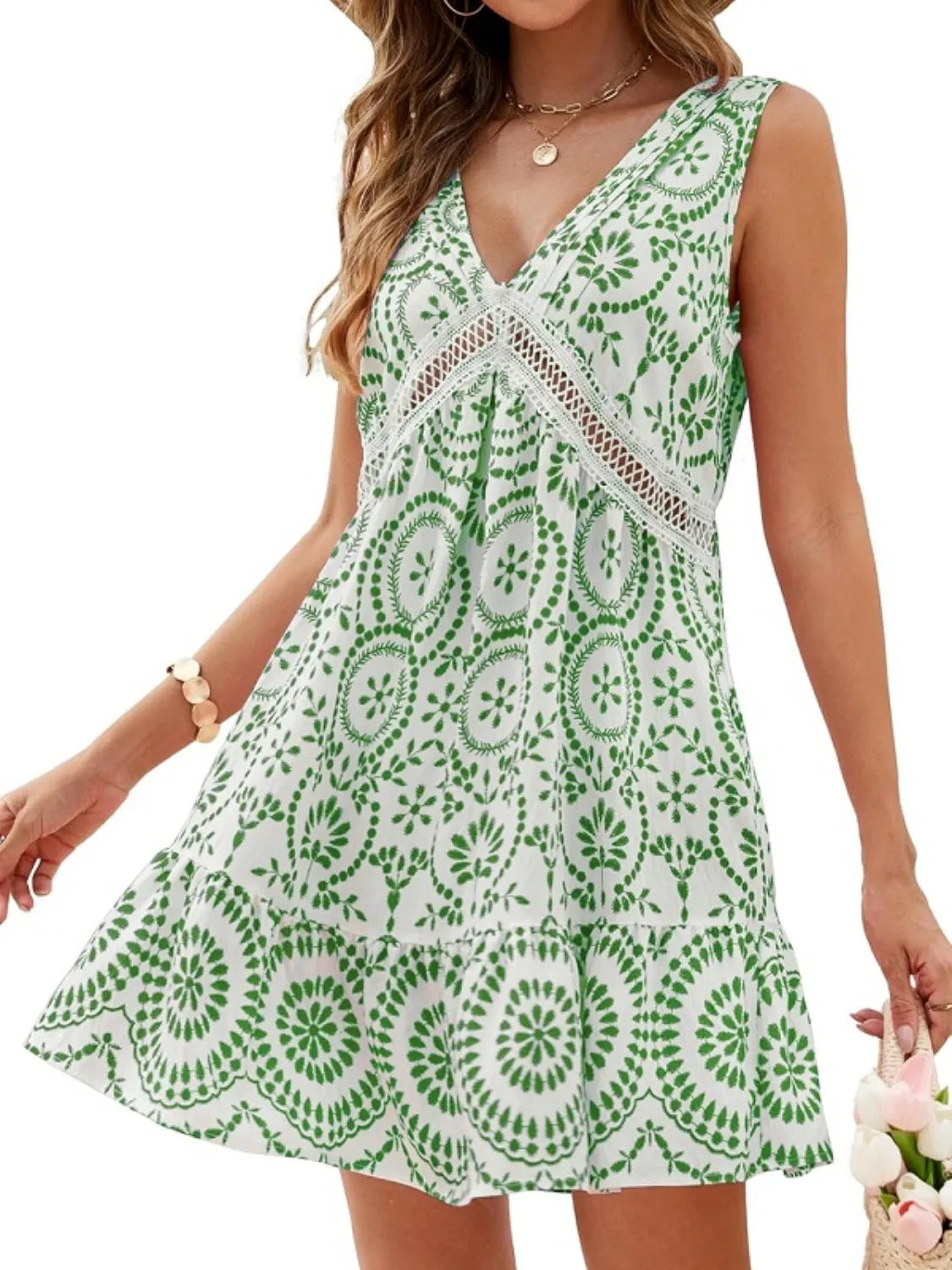 Printed V-Neck Sleeveless Mini Dress - Tigbul's Variety Fashion Shop