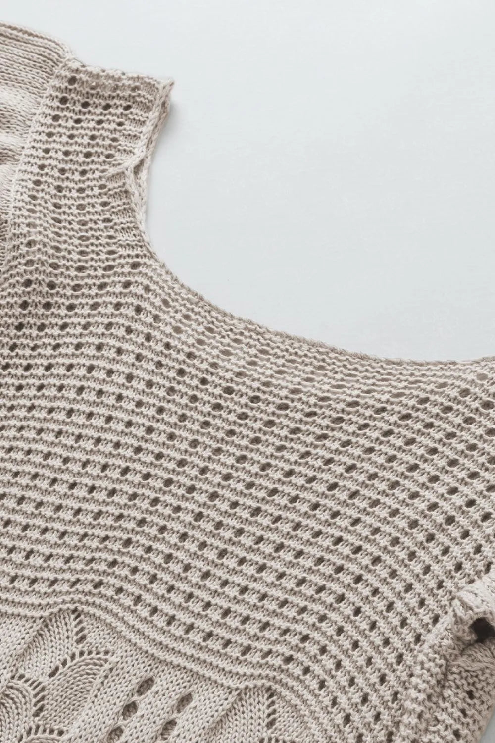 Openwork Ruffled Scoop Neck Knit Khaki Shirt Top - Tigbul's Variety Fashion Shop